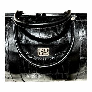 BUENO Black Croc-Embossed Leather Travel Duffle Bag